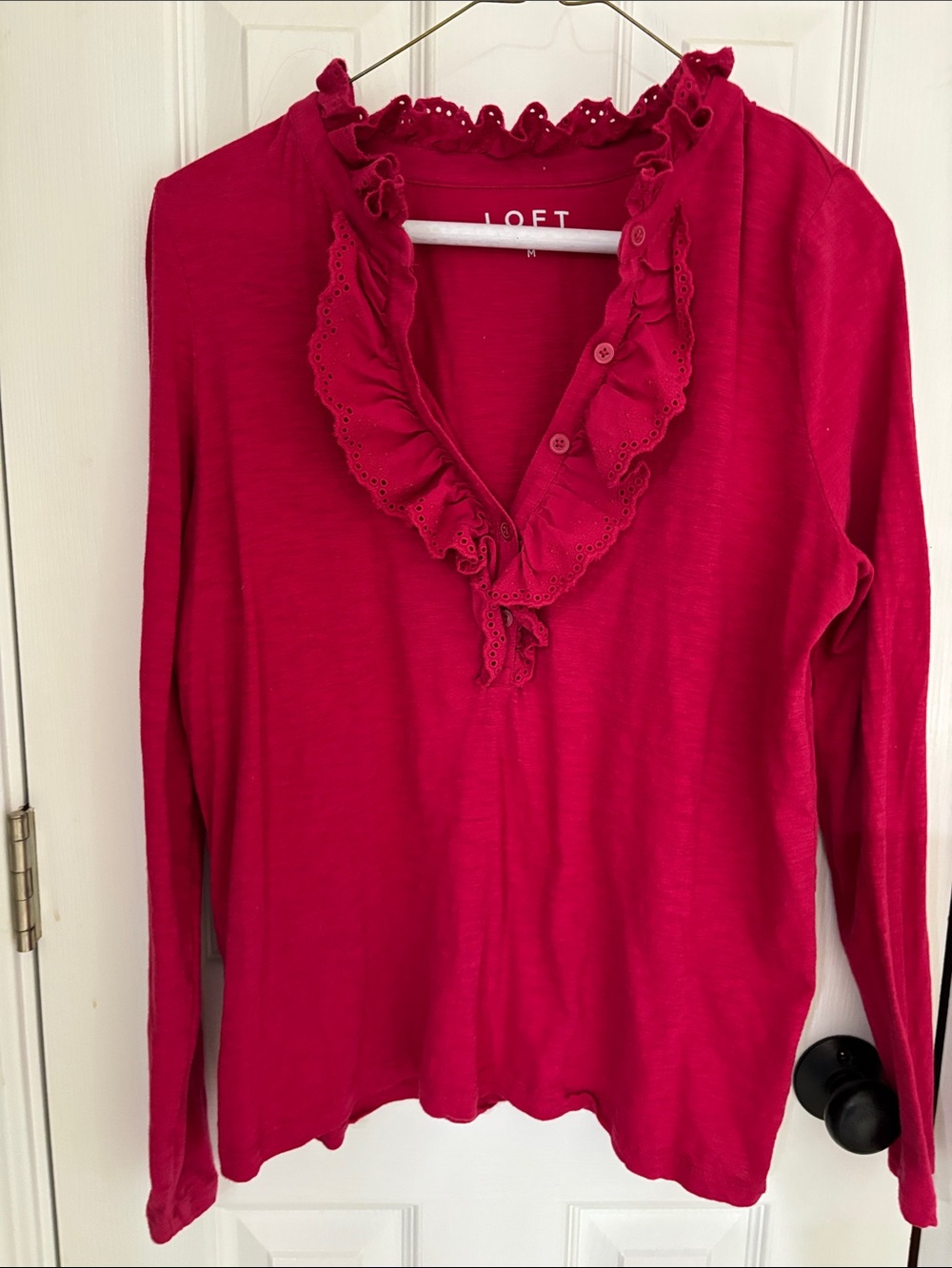 LOFT Ruffle V-Neck Long Sleeve Top - Raspberry Pink